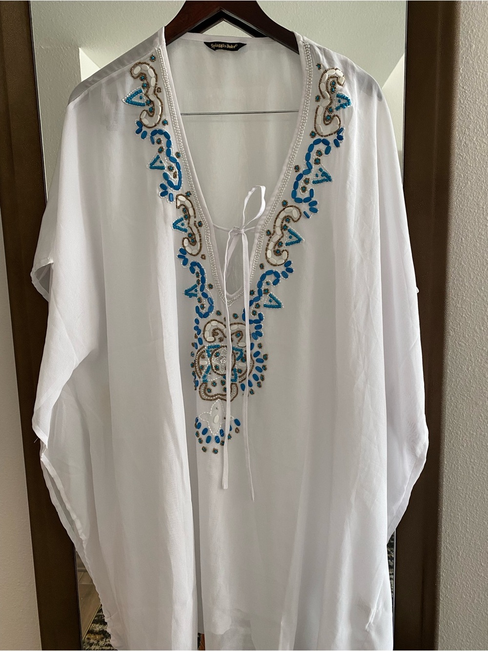 White Beaded V-Neck Swim Coverup with Turquoise Accents